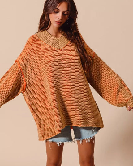 SO ME Oversized Two Tone Textured V Neck Sweater - Sleekdenim.com