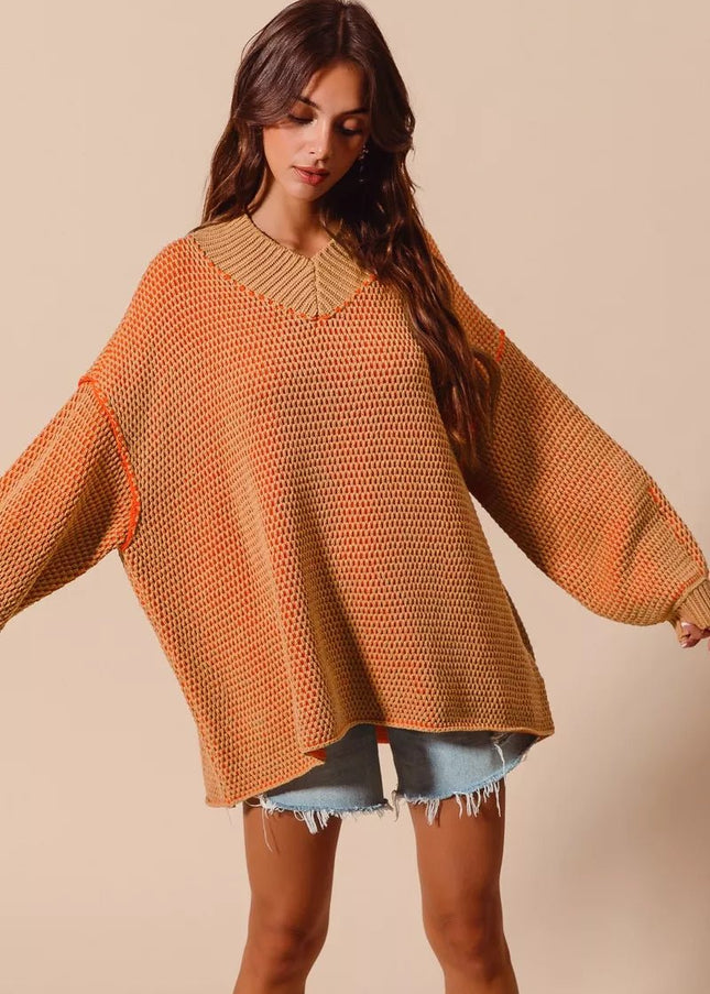 SO ME Oversized Two Tone Textured V Neck Sweater - Sleekdenim.com