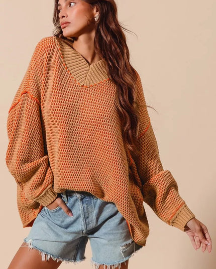 SO ME Oversized Two Tone Textured V Neck Sweater - Sleekdenim.com
