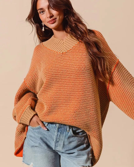 SO ME Oversized Two Tone Textured V Neck Sweater - Sleekdenim.com