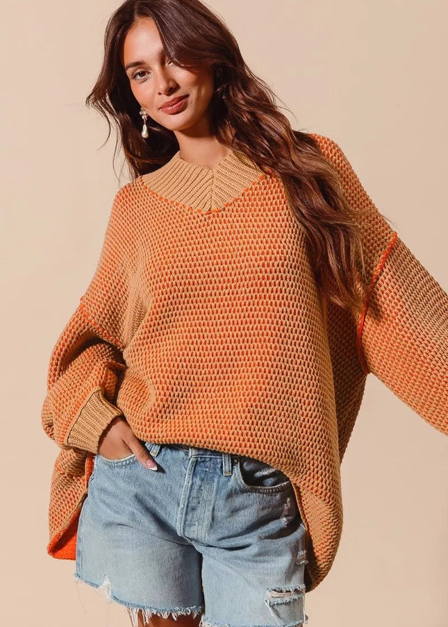 SO ME Oversized Two Tone Textured V Neck Sweater - Sleekdenim.com