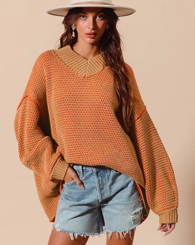 SO ME Oversized Two Tone Textured V Neck Sweater - Sleekdenim.com