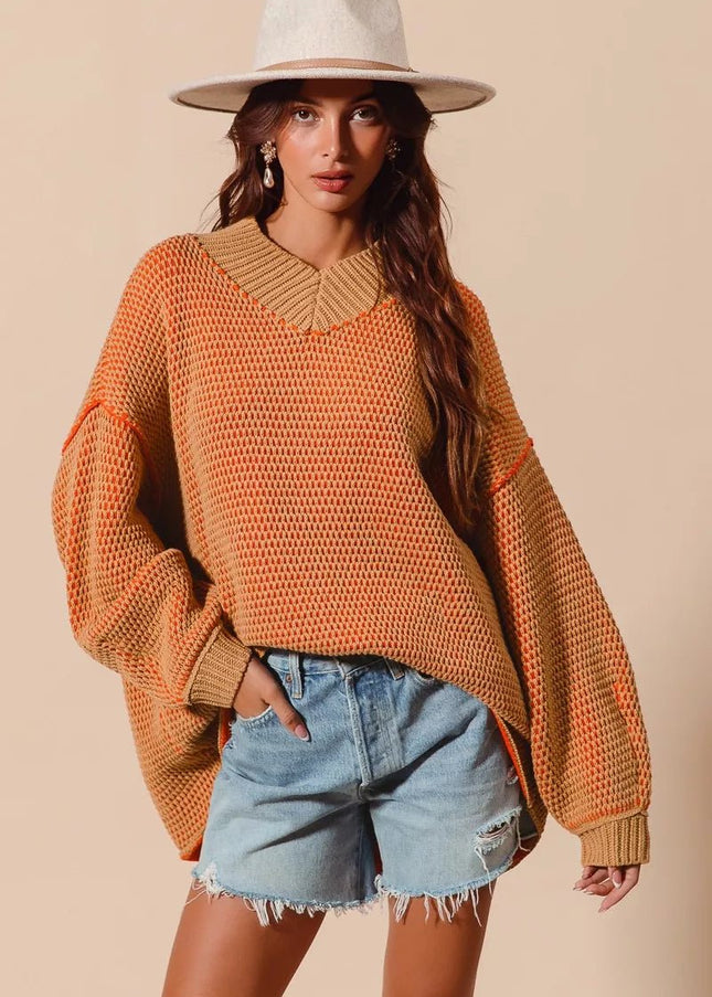 SO ME Oversized Two Tone Textured V Neck Sweater - Sleekdenim.com
