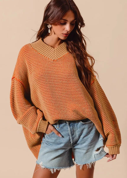 SO ME Oversized Two Tone Textured V Neck Sweater - Sleekdenim.com