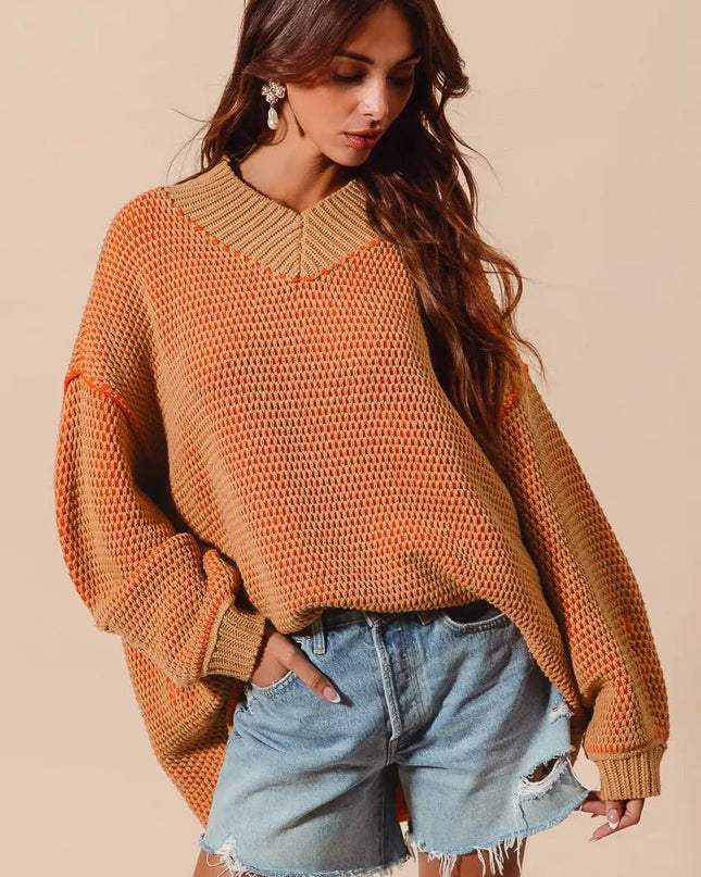 SO ME Oversized Two Tone Textured V Neck Sweater - Sleekdenim.com