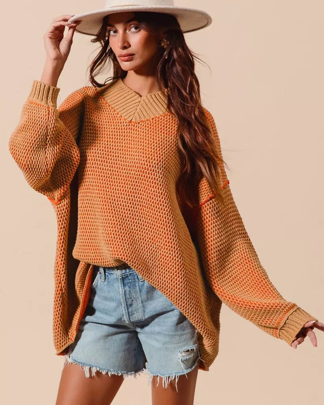 SO ME Oversized Two Tone Textured V Neck Sweater - Sleekdenim.com