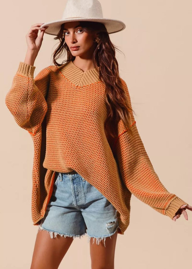 SO ME Oversized Two Tone Textured V Neck Sweater - Sleekdenim.com