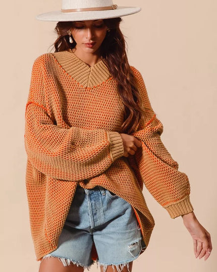 SO ME Oversized Two Tone Textured V Neck Sweater - Sleekdenim.com