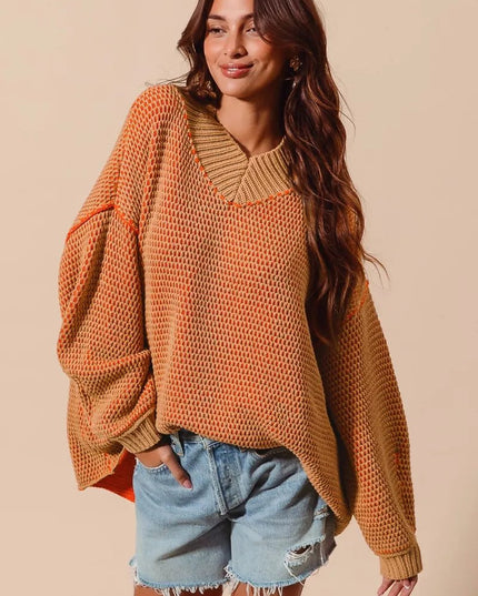 SO ME Oversized Two Tone Textured V Neck Sweater - Sleekdenim.com