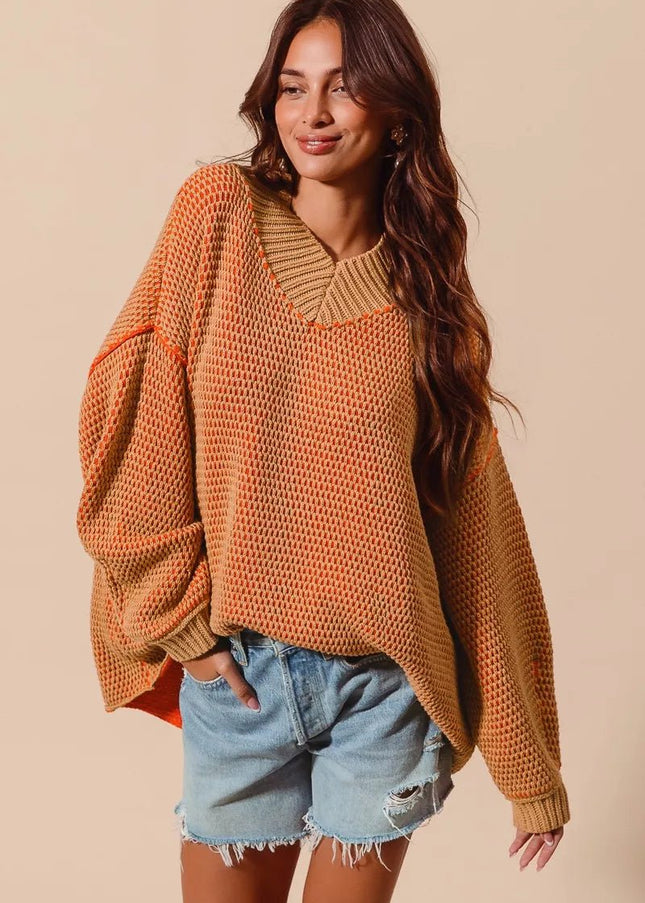 SO ME Oversized Two Tone Textured V Neck Sweater - Sleekdenim.com