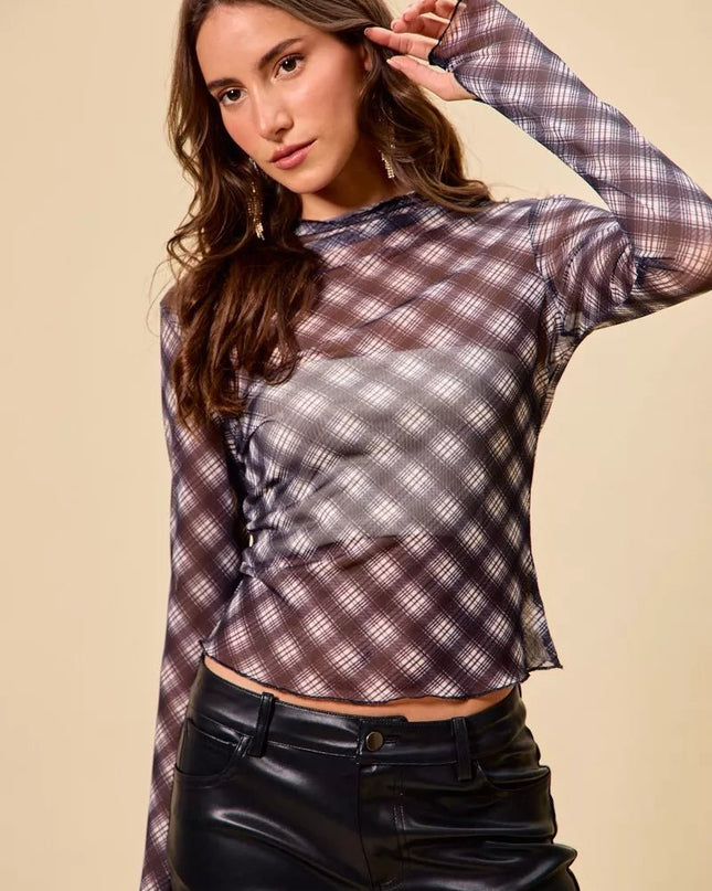 SO ME Plaid Mesh Knit Long Sleeve Top with Thumb Opening - Sleekdenim.com