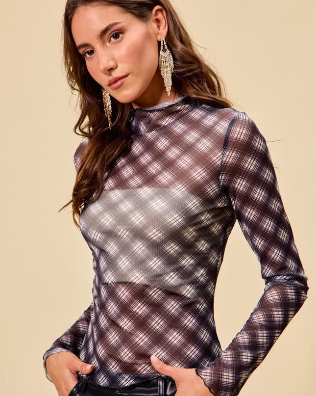 SO ME Plaid Mesh Knit Long Sleeve Top with Thumb Opening - Sleekdenim.com