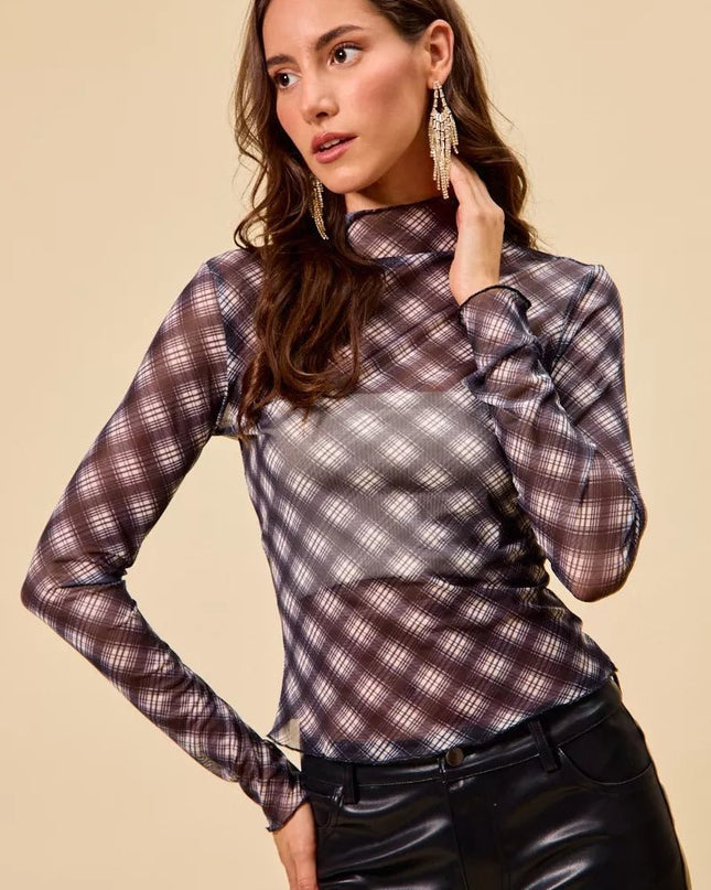 SO ME Plaid Mesh Knit Long Sleeve Top with Thumb Opening - Sleekdenim.com