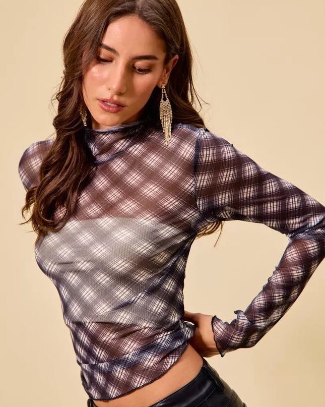 SO ME Plaid Mesh Knit Long Sleeve Top with Thumb Opening - Sleekdenim.com