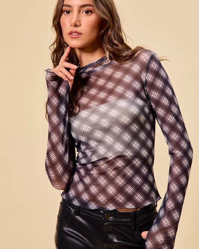 SO ME Plaid Mesh Knit Long Sleeve Top with Thumb Opening - Sleekdenim.com