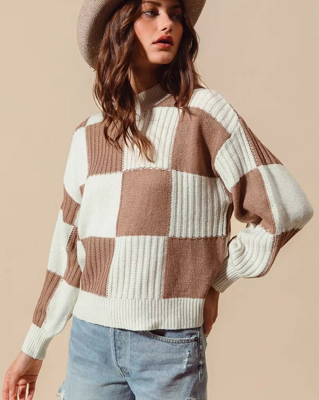 SO ME Ribbed Color Block Checkered Plaid Sweater - Sleekdenim.com