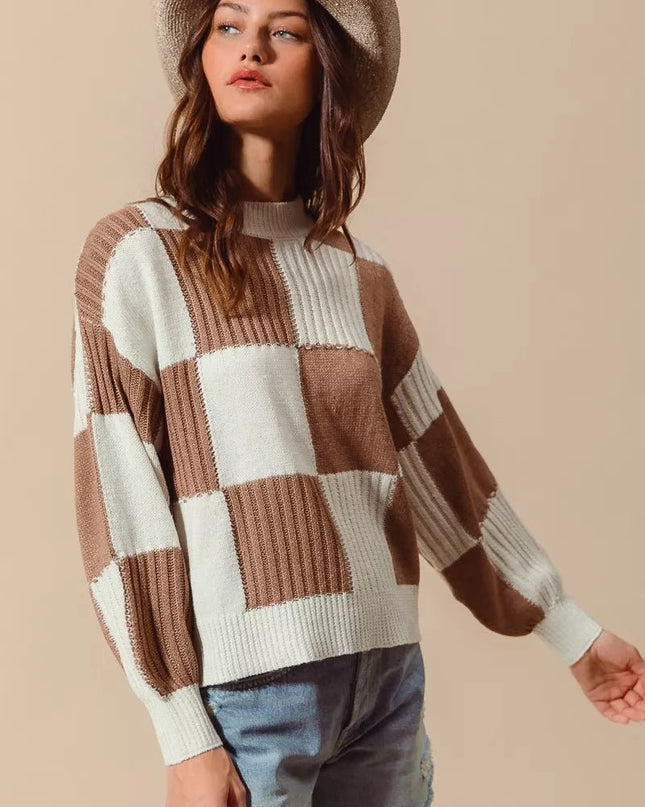 SO ME Ribbed Color Block Checkered Plaid Sweater - Sleekdenim.com