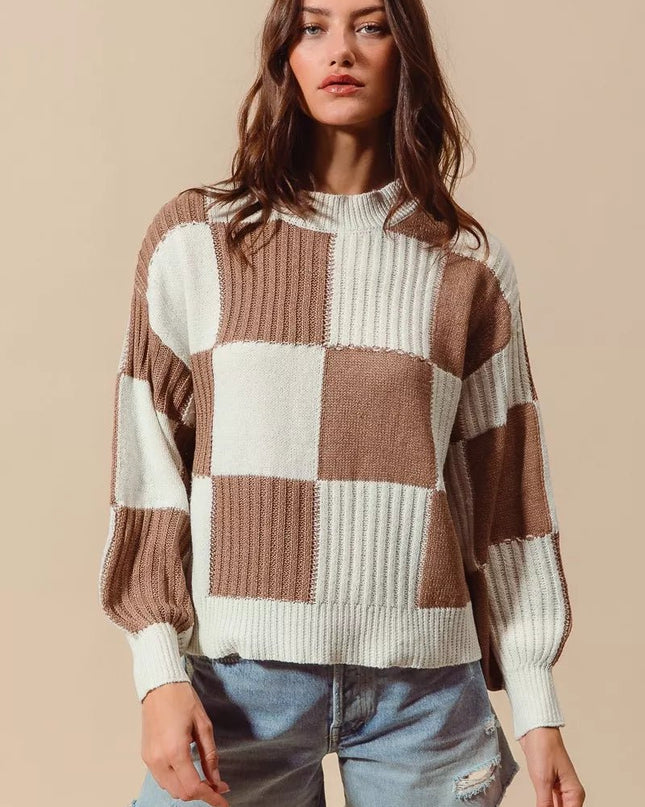 SO ME Ribbed Color Block Checkered Plaid Sweater - Sleekdenim.com
