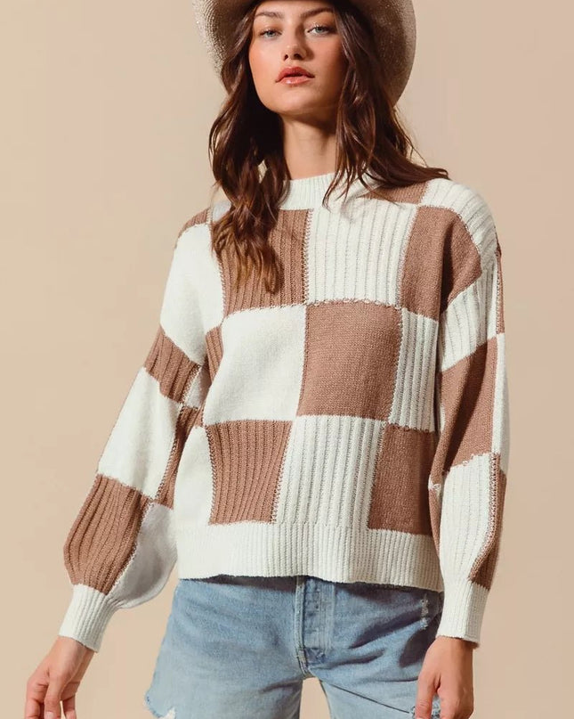 SO ME Ribbed Color Block Checkered Plaid Sweater - Sleekdenim.com