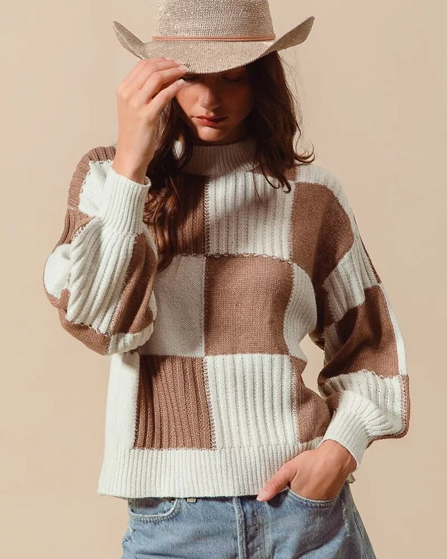 SO ME Ribbed Color Block Checkered Plaid Sweater - Sleekdenim.com