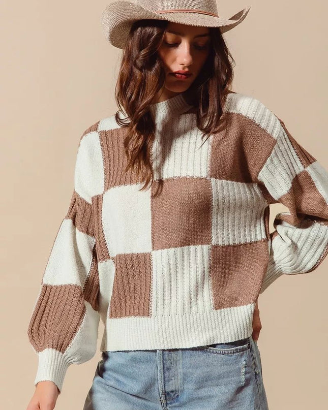SO ME Ribbed Color Block Checkered Plaid Sweater - Sleekdenim.com