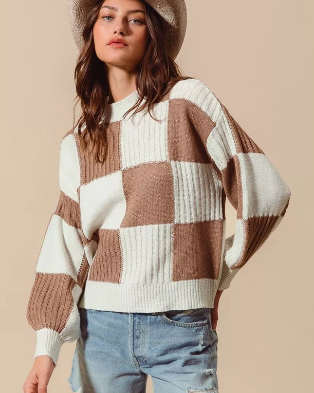 SO ME Ribbed Color Block Checkered Plaid Sweater - Sleekdenim.com
