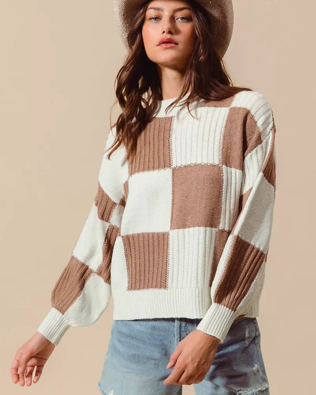 SO ME Ribbed Color Block Checkered Plaid Sweater - Sleekdenim.com