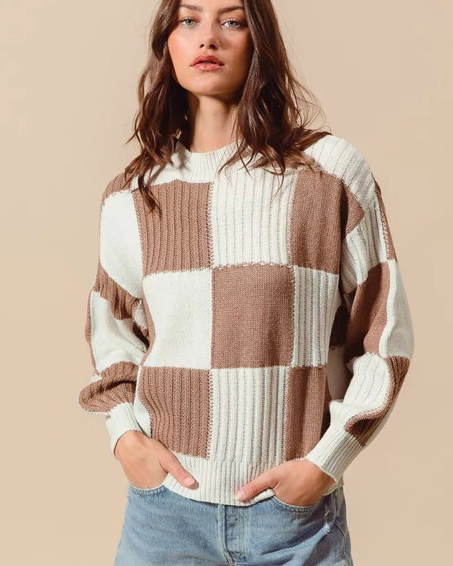 SO ME Ribbed Color Block Checkered Plaid Sweater - Sleekdenim.com