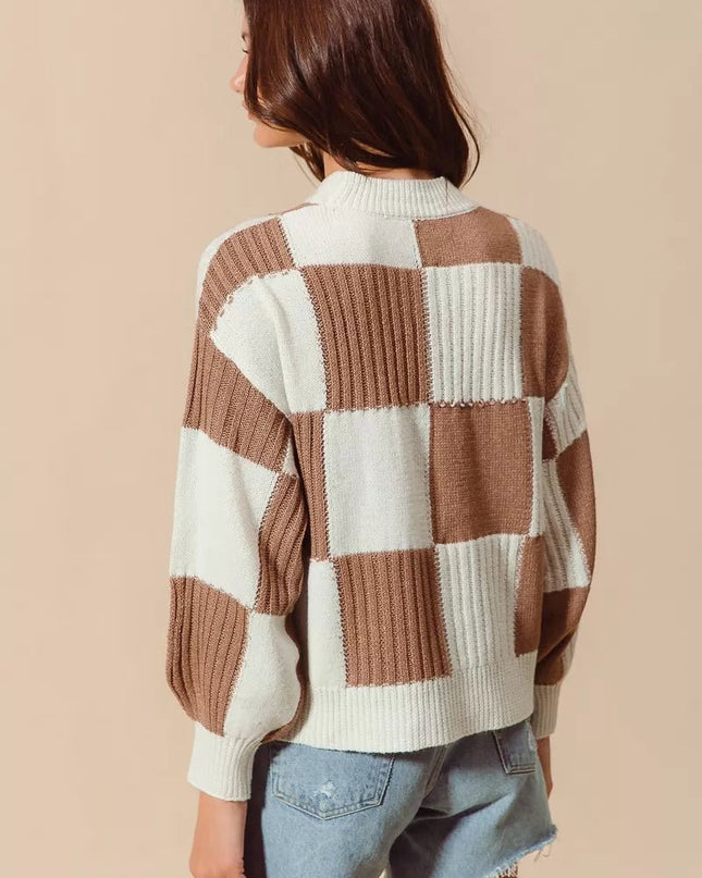 SO ME Ribbed Color Block Checkered Plaid Sweater - Sleekdenim.com