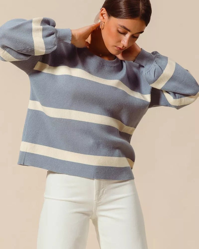 SO ME Ribbed Striped Round Neck Sweater - Sleekdenim.com