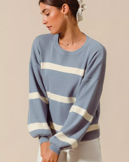 SO ME Ribbed Striped Round Neck Sweater - Sleekdenim.com