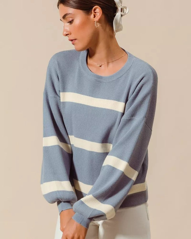 SO ME Ribbed Striped Round Neck Sweater - Sleekdenim.com