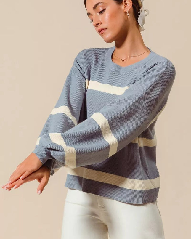 SO ME Ribbed Striped Round Neck Sweater - Sleekdenim.com