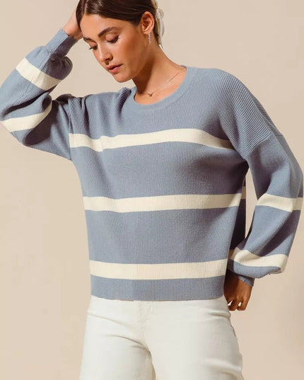 SO ME Ribbed Striped Round Neck Sweater - Sleekdenim.com