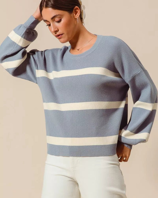 SO ME Ribbed Striped Round Neck Sweater - Sleekdenim.com