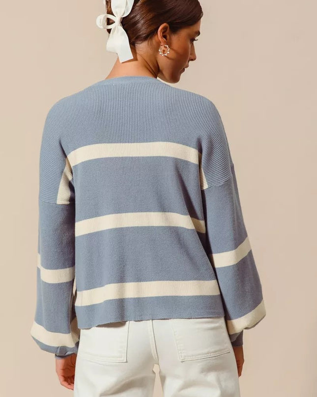 SO ME Ribbed Striped Round Neck Sweater - Sleekdenim.com