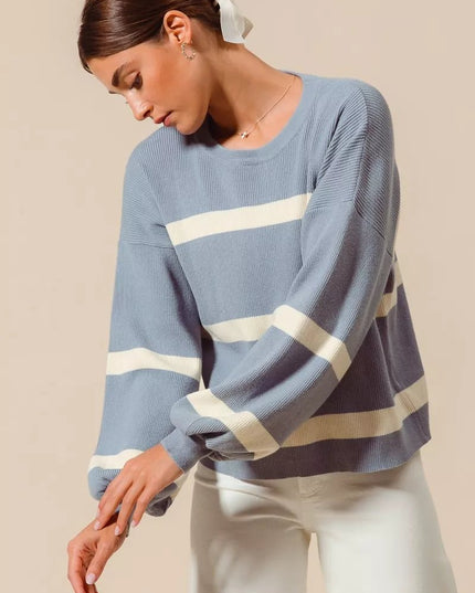 SO ME Ribbed Striped Round Neck Sweater - Sleekdenim.com