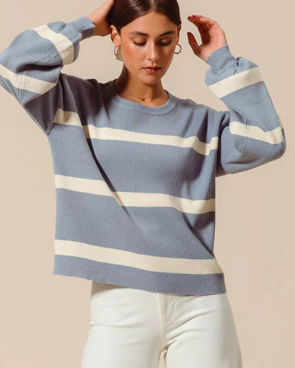 SO ME Ribbed Striped Round Neck Sweater - Sleekdenim.com