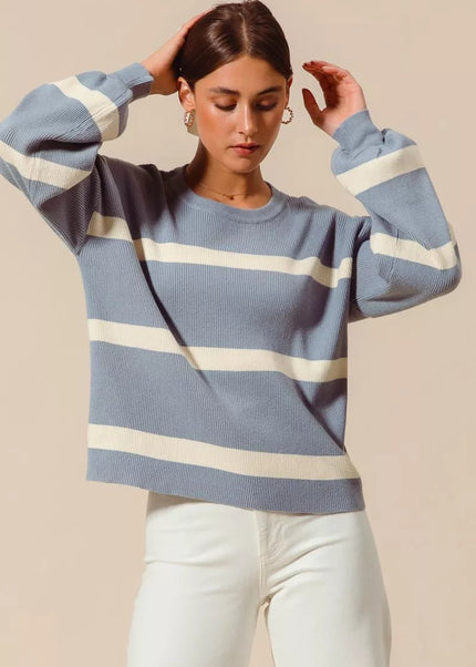 SO ME Ribbed Striped Round Neck Sweater - Sleekdenim.com