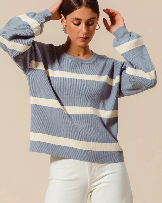 SO ME Ribbed Striped Round Neck Sweater - Sleekdenim.com