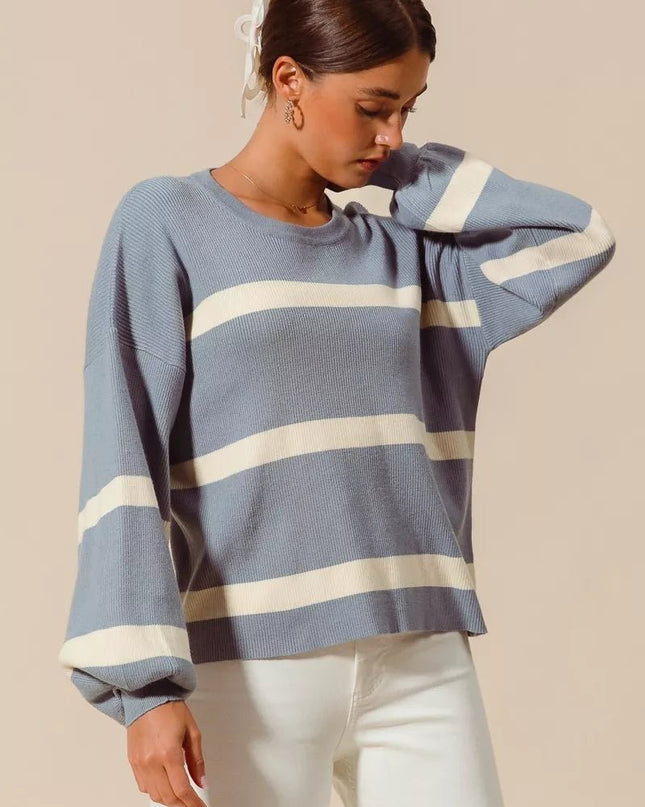 SO ME Ribbed Striped Round Neck Sweater - Sleekdenim.com