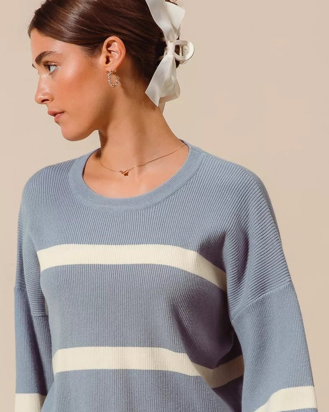 SO ME Ribbed Striped Round Neck Sweater - Sleekdenim.com