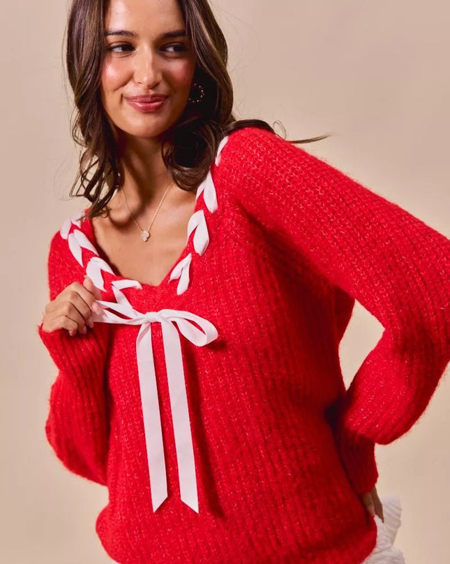 SO ME Satin Tape Braided Ribbon Tie V Neck Sweater - Sleekdenim.com