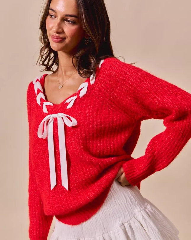 SO ME Satin Tape Braided Ribbon Tie V Neck Sweater - Sleekdenim.com