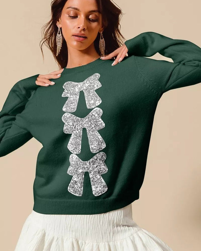 SO ME Sequins Bow Ribbon Embellished Christmas Sweater - Sleekdenim.com