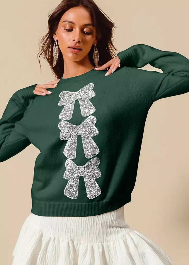 SO ME Sequins Bow Ribbon Embellished Christmas Sweater - Sleekdenim.com