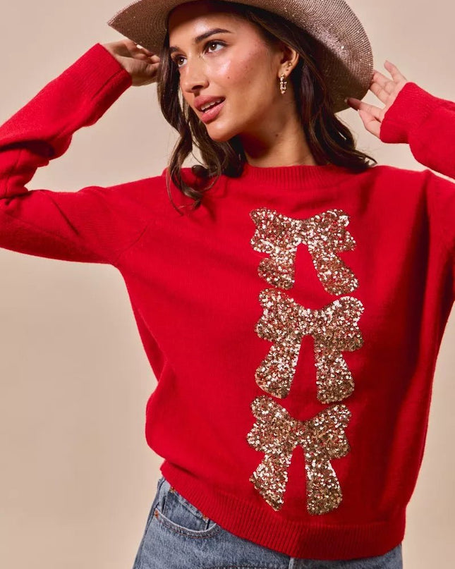 SO ME Sequins Bow Ribbon Embellished Christmas Sweater - Sleekdenim.com