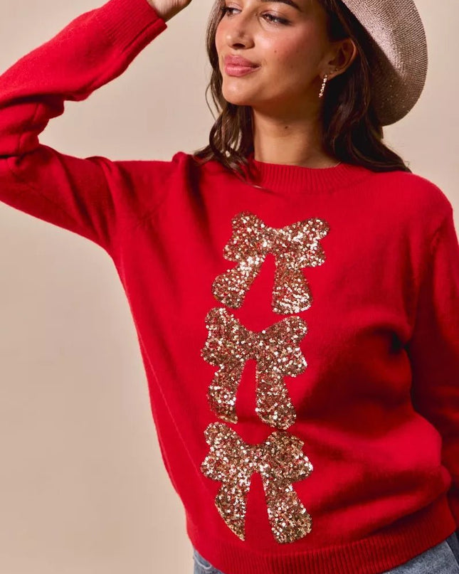 SO ME Sequins Bow Ribbon Embellished Christmas Sweater - Sleekdenim.com