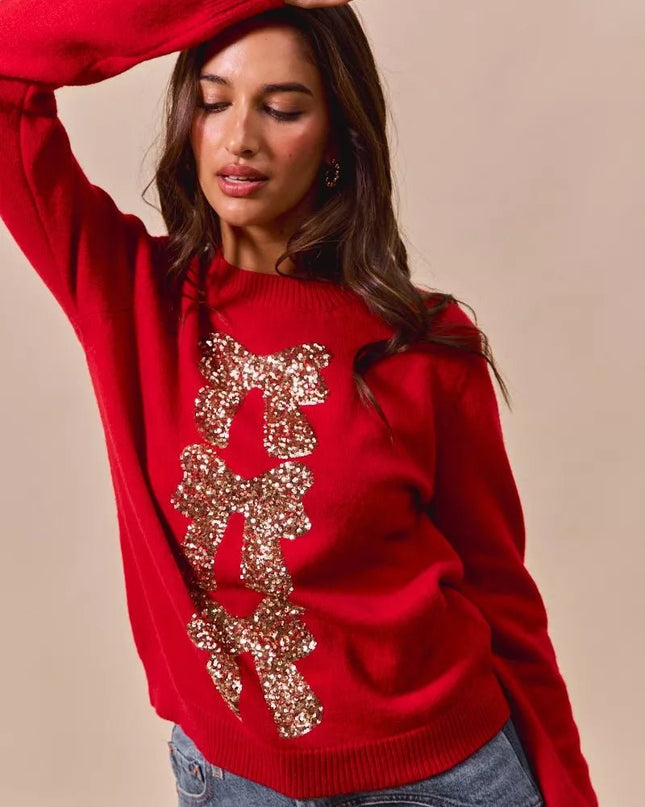 SO ME Sequins Bow Ribbon Embellished Christmas Sweater - Sleekdenim.com