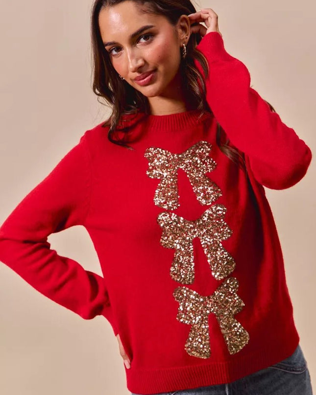 SO ME Sequins Bow Ribbon Embellished Christmas Sweater - Sleekdenim.com